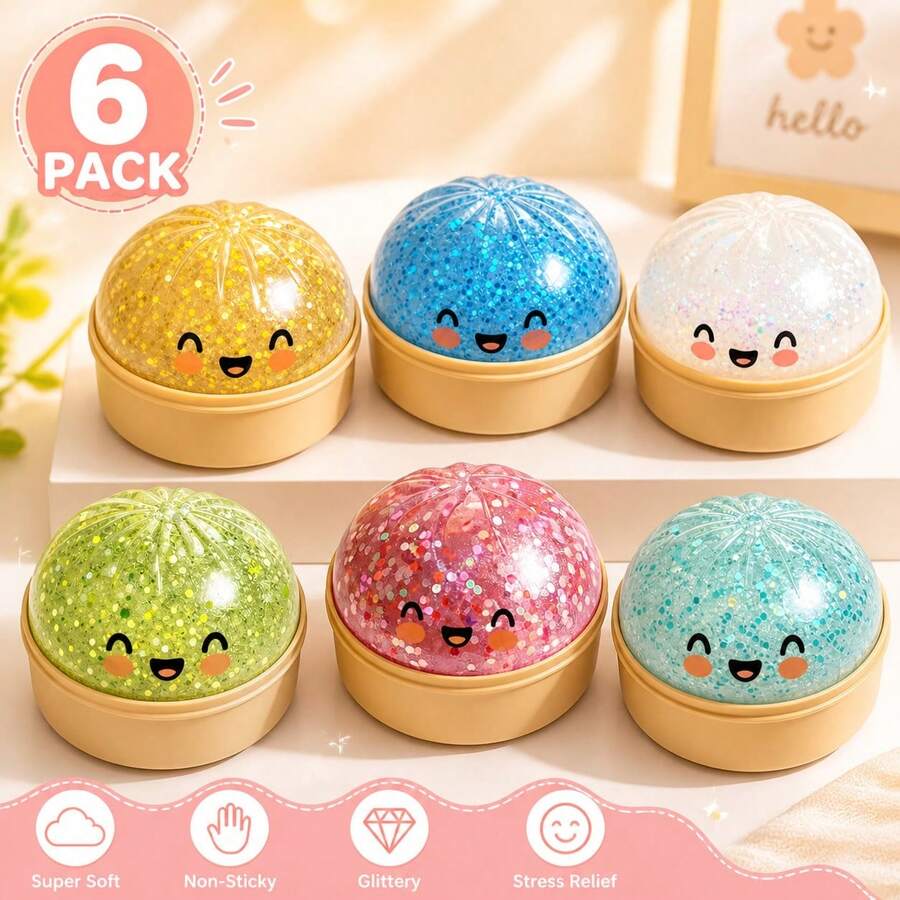 6 Colors Cute Glitter Dumpling Squishy Toys, Soft Squeeze Fidget Toys For Stress & Anxiety Relief - 粉色 - 查看 1