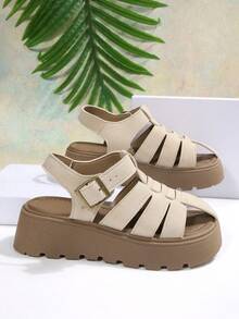 Women's Double Strap Metal Buckle Thick Sole Sandals, Platform Heel Back Strap Roman Shoes, Retro Casual Outdoor Beach Shoes, Non-Slip Height-Increasing Sandals, Multi-Color Options, Plus Size Slimming Versatile Women's Shoes - Khaki - View 7