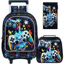 3pcs Boys Game Controller Print Rolling Backpack Set, Includes Lunch Bag And Pencil Case, Zipper Closure, Suitable For School And Travel - Black - View 11