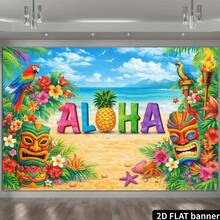 1pc Hawaiian Aloha Beach Party Backdrop Banner, Polyester Material, Colorful Letters Pineapple Parrot Tiki Mask Design, Suitable For Luau Theme Birthday, Pool Beach Party, Summer Event Photo Backdrop - A - View 5