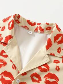 Men's Red Lip Print Black Rose Pattern Short Sleeve Shirt, Casual Street Style Button-Down Shirt, Men's Holiday Wear - Multicolor - View 6