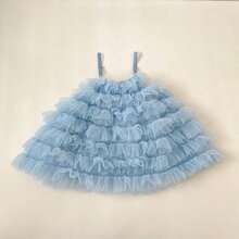 Summer Baby Girl Dress, New Sweet Mesh Spaghetti Strap Dress, Super Cute Cake Skirt - Blue - View 6