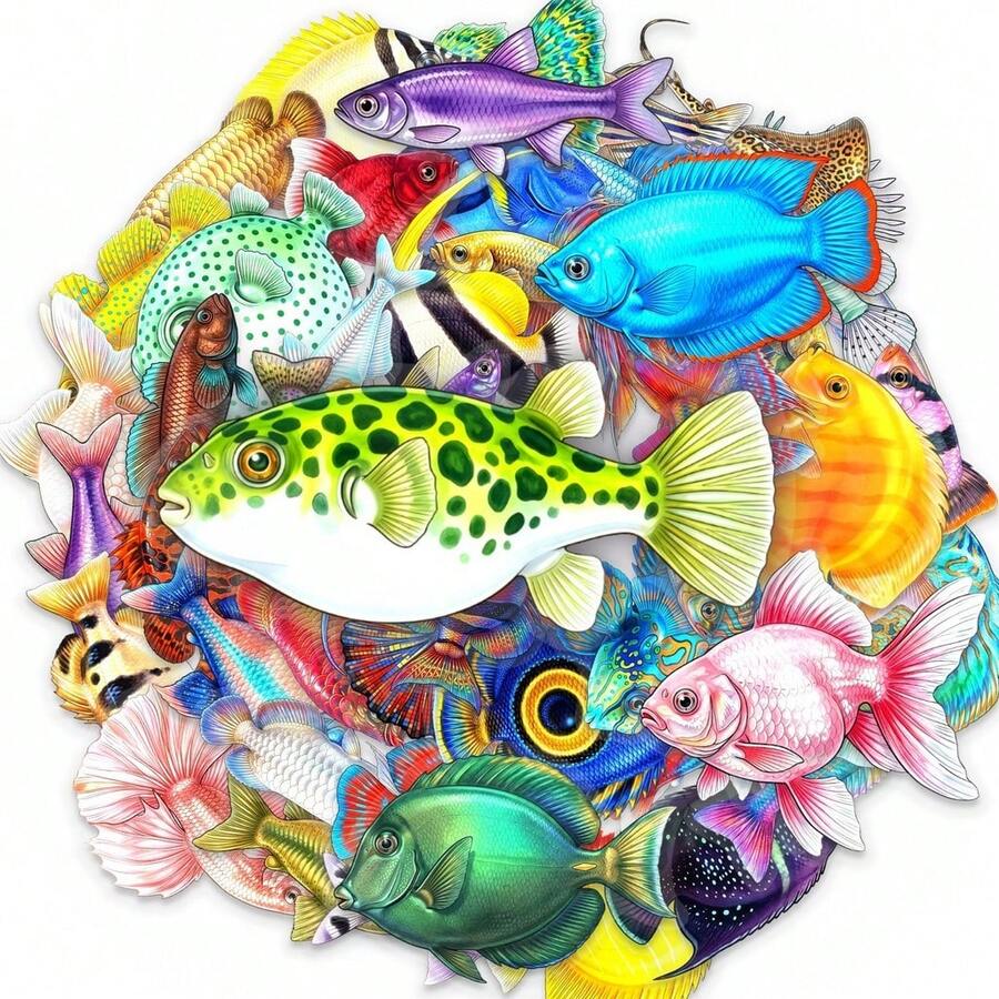 50 Sheets Mixed Fish Pattern Clear PET Stickers Non-Repeating Waterproof DIY Craft Ornament Stickers - 50 PCS - View 1