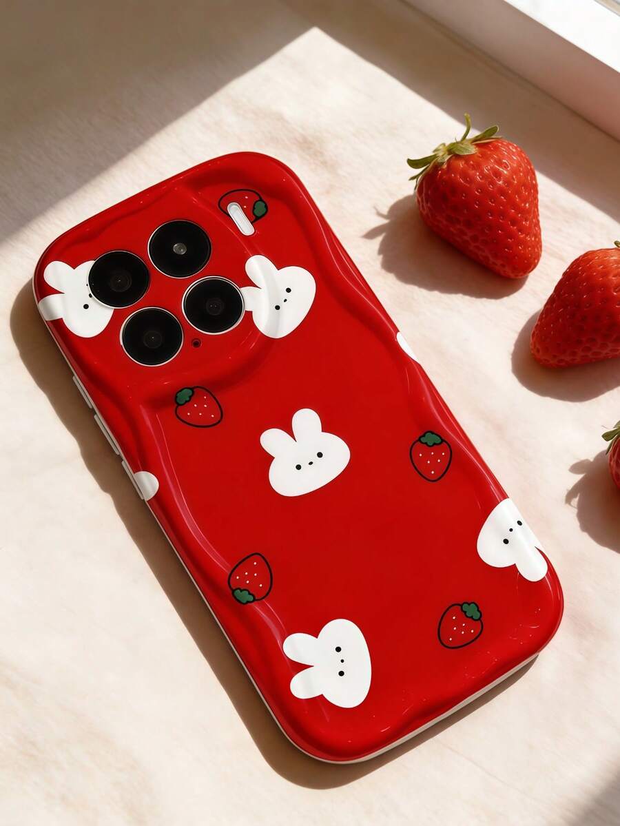 1pc Creamy Dopamine Wave Ruffle Soft TPU Texture Creative Personalized Full-Screen Strawberry Rabbit Pattern Phone Case Compatible With Galaxy S21 S22 S23 S24 S25 S26/Honor/ And Other Models - White - View 1