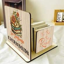 Natural Wooden Floral Art Bookend "Language Of Love" Quote Desktop Storage Rack Rustic Style Bedside Book Organizer Book Lover Gift - Champagne - View 2