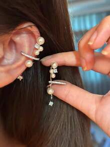 1 Pair Elegant Luxury French Style Glass Faux Pearl Ear Cuff, Suitable For Women's Daily Casual Wear - Silver - View 2