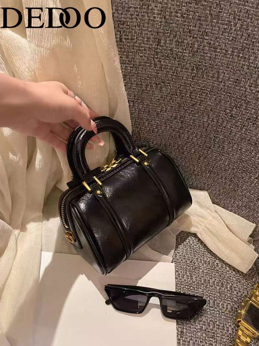 Dedoo 復古印花迷你圓筒手提包，附圍巾裝飾，可拆卸肩帶，女款多功能單肩斜跨包
