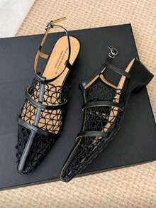 Sandalias romanas de mujer 2026 de verano, estilo vintage de moda, negras, de malla tejida calada, punta fina, tacón grueso, punta cerrada, diseño único de alta gama, cómodas, ligeras y versátiles - Negro - Ver 3