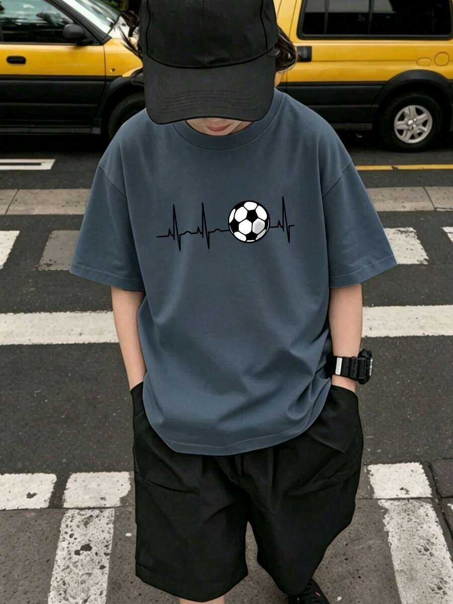 男童青少年學生休閒印花圓領套頭短袖T恤夏季上衣 - 霧霾藍 - 查看 1