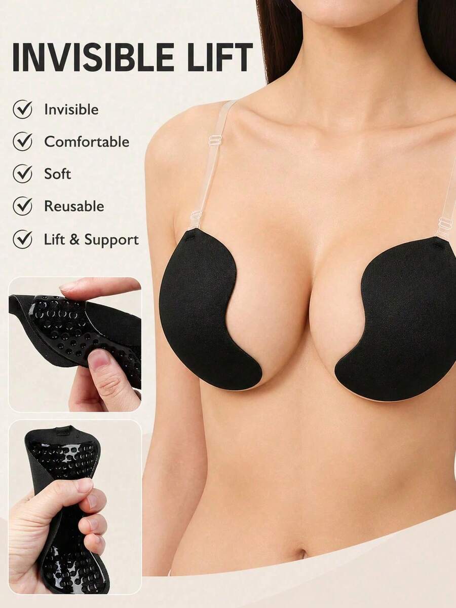 One Reusable, Invisible, Self-Adhesive, Strapless Push-Up Bra With A Lifting Front Closure, Suitable For Weddings And Everyday Wear.