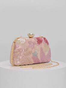 Elegant Shiny Multicolor Leaf & Floral Patchwork Crossbody Bag, Vintage Chain Strap Evening Bag, Mini Square Box Handbag, Suitable For Party Girls, Brides, College Students, Young Professionals, Versatile For Parties, Graduation Ceremonies, Weddings, Perfect Match For Party Accessories, Random Pattern Sent - Pink - View 3