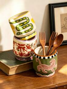 Cabin Kangaroo 1 pieza Portautensilios de cerámica pintado a mano, estilo bohemio, patrón colorido y juguetón, estante de almacenamiento decorativo para encimera de cocina, adecuado para espátulas, tenedores, brochas, bote de almacenamiento multiusos para decoración del hogar - Multicolor - Ver 3