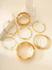 7pcs Set Vintage Exaggerated Luxury Geometric Design Wide Metal Bangle Bracelet Set, Suitable For Daily Wear And Gifts - 7pcs Round Bracelet - View 5