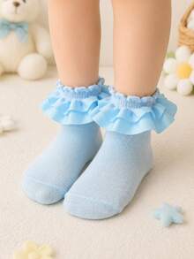 1 Pair Children's Ruffle Princess Socks, Fresh Bright Color Lace Socks, Girls Baby Daily Short Socks - Baby Blue - View 6