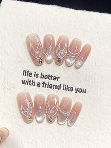 10pcs Handmade Oval Acrylic Medium Pink Press-On Nails, Cat Eye Mermaid Tail Glitter Nail Tips With Rhinestones, DIY Fake Nails, Beach Essential Summer Nails For Party, Vacation, Date Outfit, Gift For Women And Girls, Nail Art Supplies - Pink - View 6
