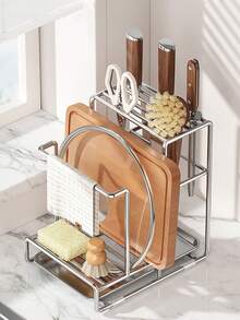 Super Practical Kitchen Utensil & Tool Storage Rack, Multifunctional Knife Holder, Integrated Design, Stainless Steel Material, Rational Partitioning, Space-Saving, Stores Various Kitchen Knives, Chef Knives, Cutting Boards, Pot Lids, Towel Racks And Other Kitchen Utensils. - Solid Color - View 7