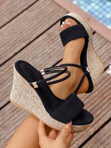 Sandalias de plataforma con cuña y hebilla de unicolor estilo retro para mujer talla grande - Negro - Ver 5