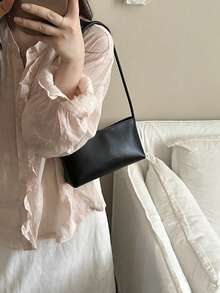 Bolso baguette de moda retro primavera/verano, apertura con cremallera, ligero y minimalista, superficie suave de unicolor, bolso de hombro y axila de pequeña capacidad - Negro - Ver 3