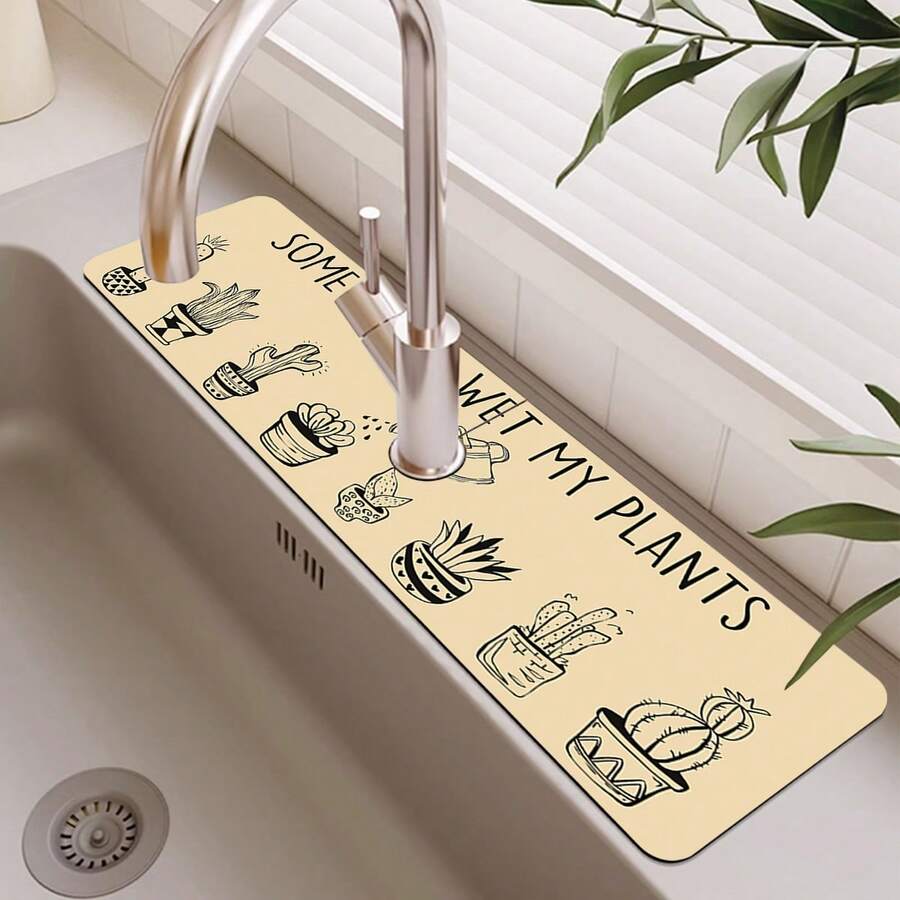 1pc Desert Cactus Plant Pattern Sink Faucet Absorbent Mat, Drainage Mat, Kitchen, Bathroom Sink, Countertop, Drainage Mat, Diatomaceous Earth Basin, Cuttable Quick-Drying Mat.