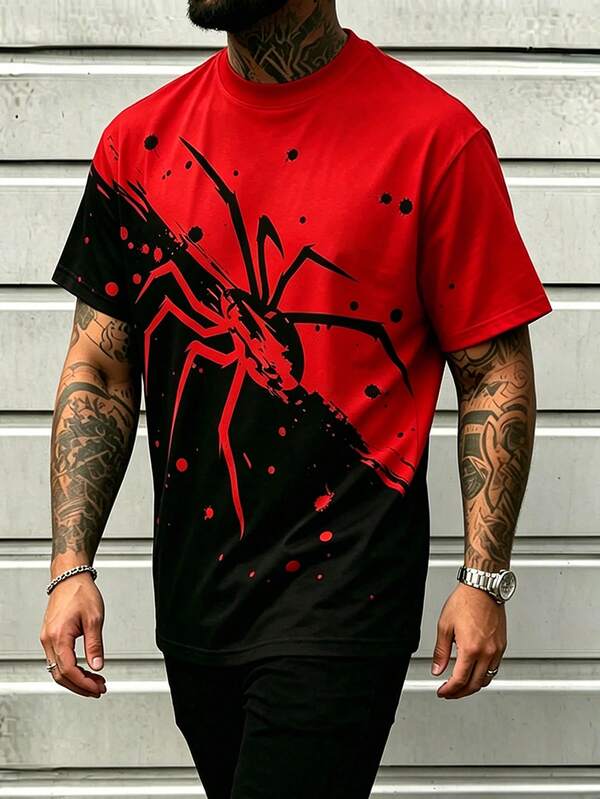Herren Rundhals Kurzarm T-Shirt, Spinnen-Grafik und Spritzer-Muster Street lässig Stil
