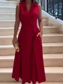 Sleeveless, Solid-Color Maxi Dress With V-Neck And Pleated Lapel, Elegant, New European And American Autumn 2026 Collection - 紅色 - 查看 5