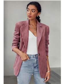 Women's Light Pink Corduroy Blazer, Long Sleeve Work Jacket, Autumn Fashion Regular Fit, With Faux Pockets - Pink - View 6