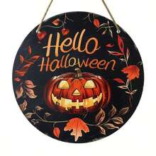 復古鄉村風圓形木製萬聖節吊掛裝飾牌，女巫帽與南瓜設計，Happy Halloween 居家、派對、門口牆面裝飾 - A - 查看 9