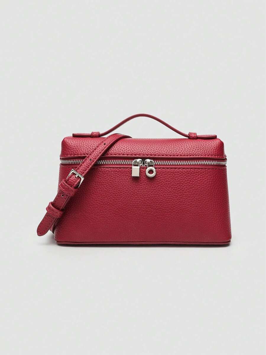 1 pieza Bolso de hombro cuadrado de unicolor con textura de grano de litchi en PU, bolso de mano pequeño para mujer, adecuado para combinar con la moda diaria, salidas, compras, fiestas, bol - Burdeos - Ver 1