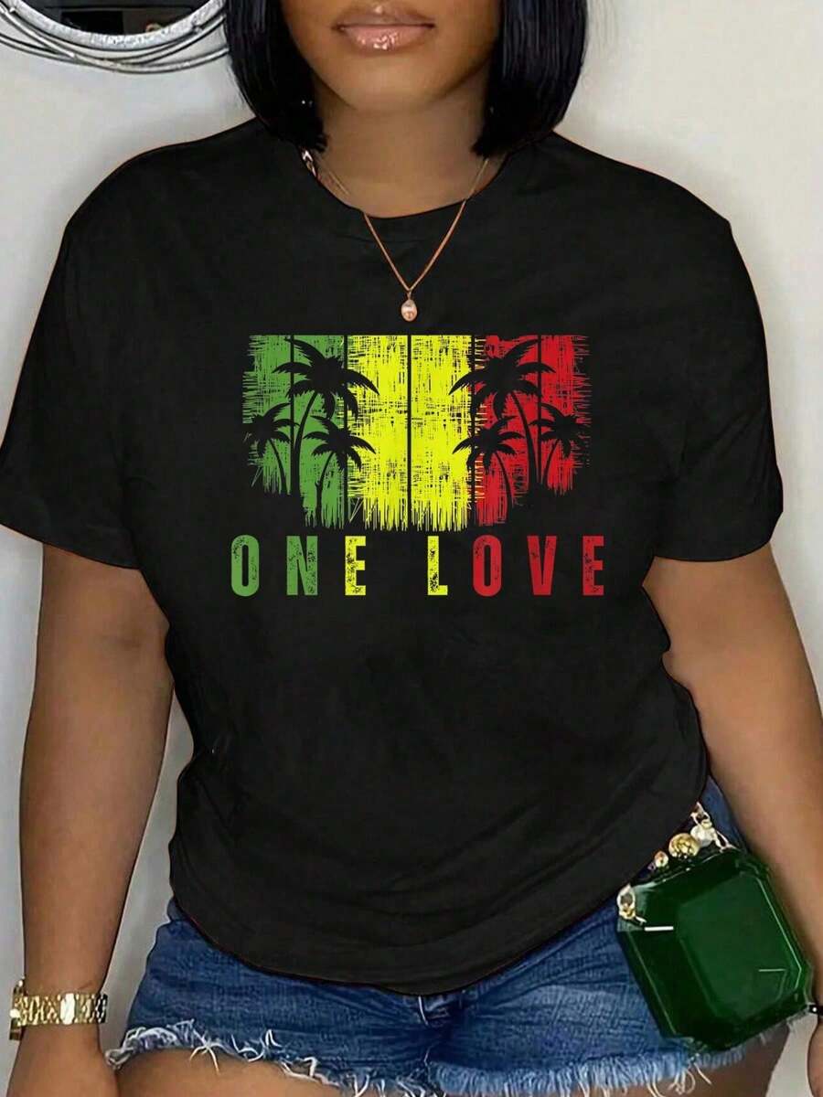 Women's Summer Short Sleeve T-Shirt, Plus Size, Y2K Style, 100% Cotton, Reggae, Good Vibes Only Jamaica One Love Rast A, For Women And Men, Loose Fit, Comfortable And Soft - 黑色 5 - 查看 1