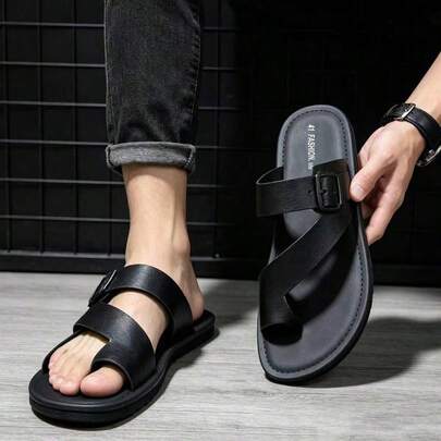 1 Pair Men's New Beach Sandals - Round Toe PU Slippers, EVA Sole, All-Season Casual Outdoor And Daily Wear, Black, Beach Shoes, Outdoor Shoes, Modern Street Style, Roman Slippers