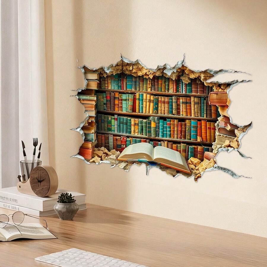 1/3Pcs Back To School 2D Bookshelf Wall Sticker, Open Book Library Cracked Wall Decal, Removable Self-Adhesive Vinyl Decor, School Home Office Aesthetic Indoor DIY Wall Art Holiday Gift - Book Wall Stickers - View 1