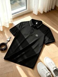 男士夏季對比飾邊 Polo 衫 | 純色短袖上衣，字母印花，適合海灘、戶外、高爾夫與休閒街頭運動穿搭 - 黑色 - 查看 10