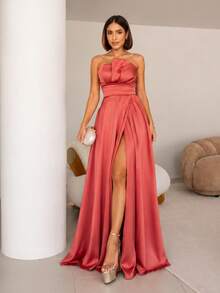 Elegant Women's Party Dress, Strapless, A-Line Cut, With A Fitted Draped Waist And Thigh Slit, Perfect For Parties Or Bridesmaid Events. - 珊瑚橙 - 查看 1