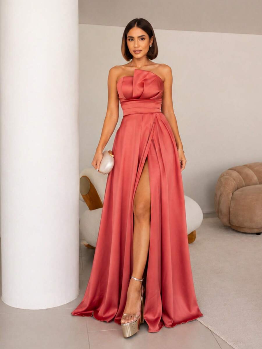 Elegant Women's Party Dress, Strapless, A-Line Cut, With A Fitted Draped Waist And Thigh Slit, Perfect For Parties Or Bridesmaid Events. - 珊瑚橙 - 查看 1
