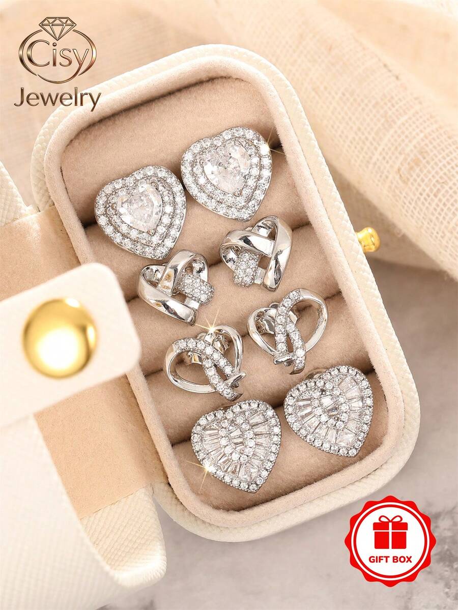 4pcs/Set Fashion Square Zirconia Stud Earrings For Women With Gift Box, Suitable For Wedding, Engagement, Anniversary, Party, Valentine's Day Gift - 1# - View 1