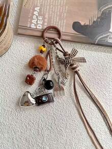 1pc Maillard Style Vintage Camera Plush Ball Keychain Pendant With Bow, Ins Style Phone Charm, Suitable As A Gift For Friends, Family And Classmates - Multicolor - View 7