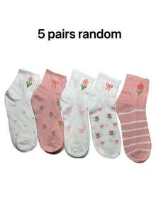 5雙女款可愛蝴蝶結&花卉短襪，INS時尚學院風，舒適柔軟，吸汗透氣，簡約百搭，適合日常、運動、休閒穿著，春夏秋四季皆可搭配 - 彩色 - 查看 8