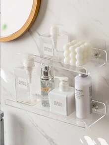 1 Set Acrylic Bathroom Wall Storage Rack With Accessories, No-Drill Transparent Wall Shelf 1pc - Clear - View 1