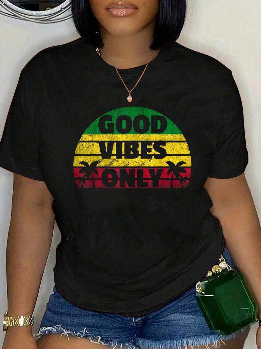 Women's Summer Short Sleeve T-Shirt, Plus Size, Y2K Style, 100% Cotton, Reggae, Good Vibes Only Jamaica One Love Rast A, For Women And Men, Loose Fit, Comfortable And Soft - 黑色 8 - 查看 1