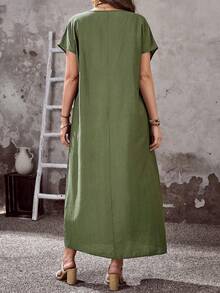 Vestido casual de manga corta con cuello redondo y bolsillo para mujer talla grande, primavera - Verde militar - Ver 5