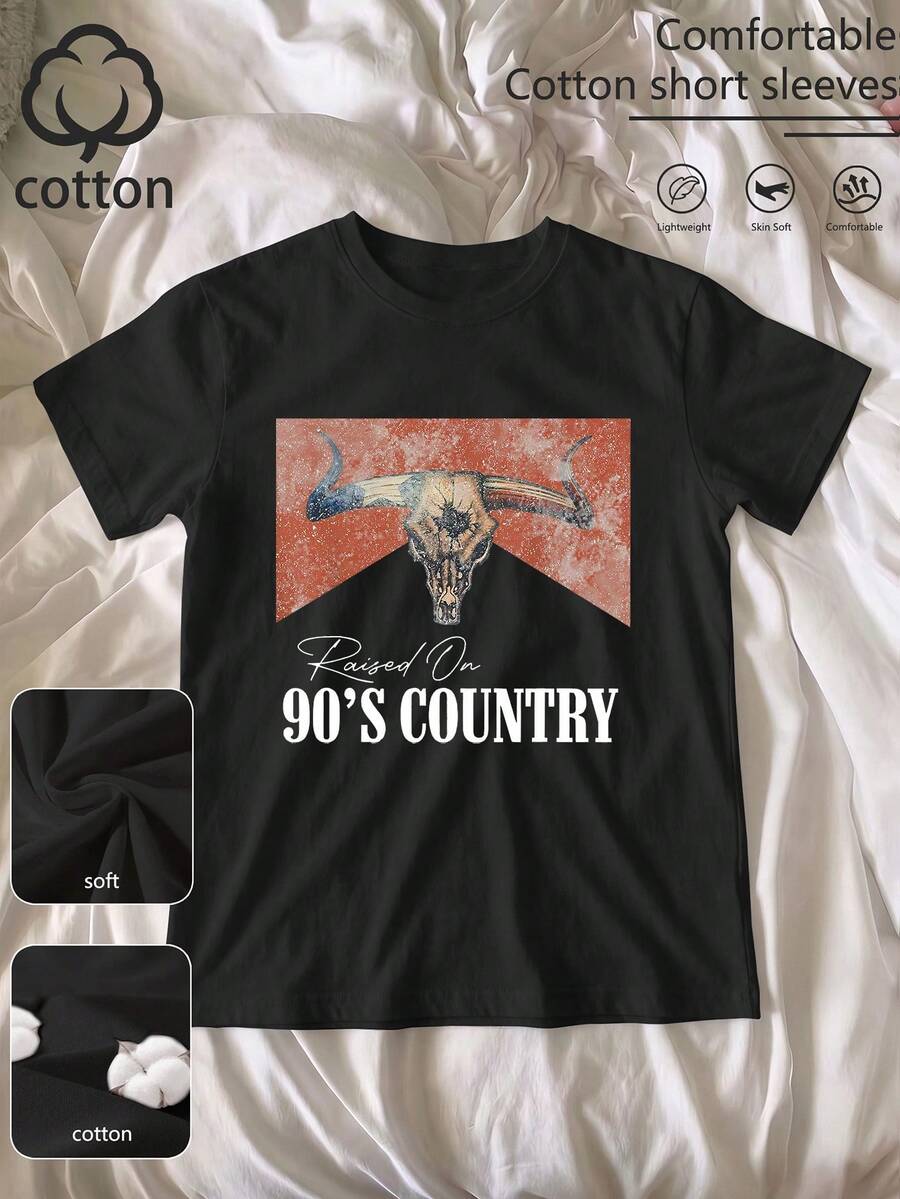 90s Country Style & Bull Head Print Summer Women's 100% Cotton Short Sleeve T-Shirt, Summer Short Sleeve, Printed T-Shirt, Ibiza Vacation Vibe, Summer Look, Beach Style, Summer Outfit Inspiration, Summer Tops, Festa Junina, Women São João Outfits, Going Out Outfits, America, Holiday, - Black - View 1
