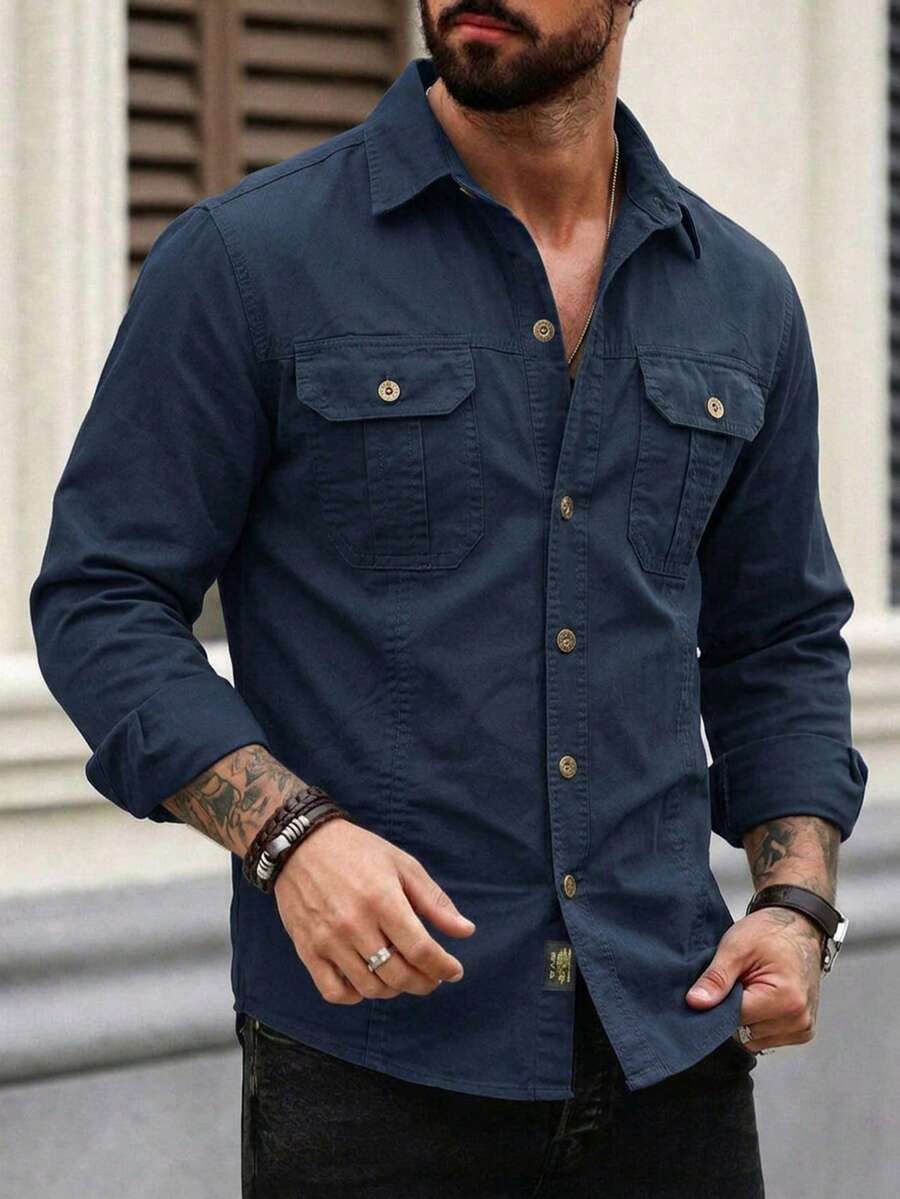 Men's Solid Color Military Style Casual Long Sleeve Button-Down Shirt, Slim Fit Design With Dual Pockets, Suitable For Outdoor & Daily Wear, Rugged Look - Navy Blue - View 1