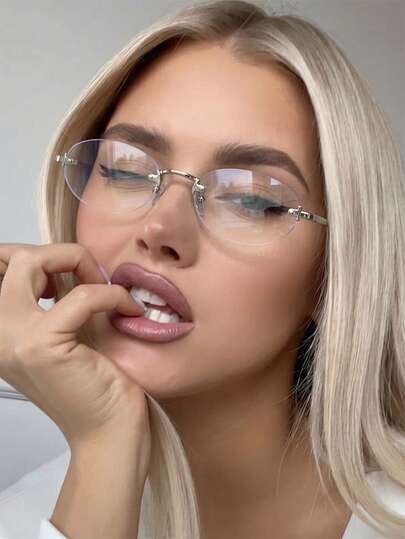 1 Pair Women's Rimless Small Oval Metal Leg Fashion Personalized Decorative Non-Prescription Glasses