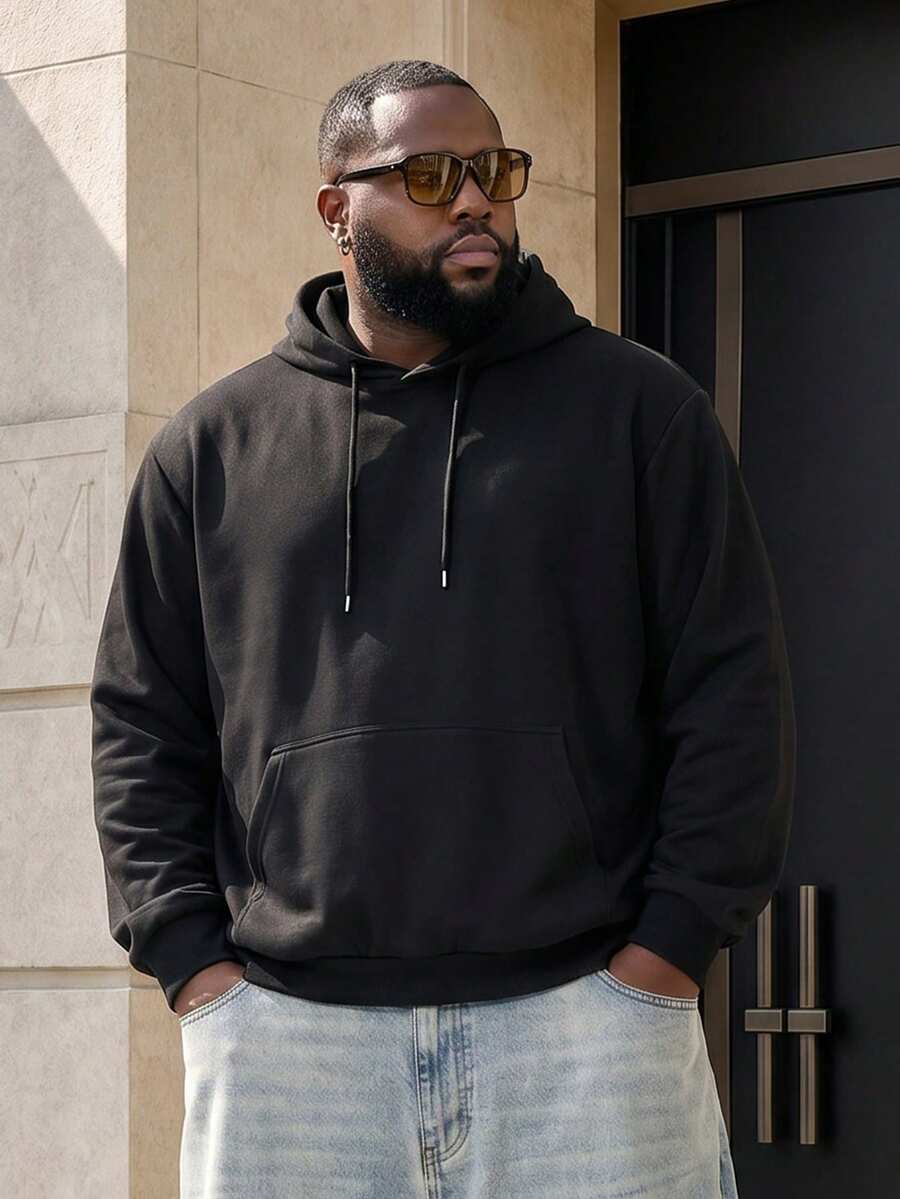 Sudadera con capucha de talla grande de unicolor, corte holgado con bolsillo canguro y cordón, top casual versátil tipo pullover - Negro - Ver 1
