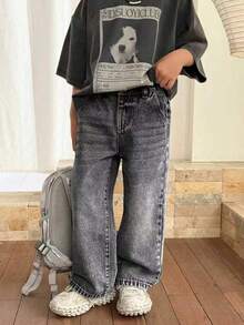 Boys' Fashion Stone Washed Casual Wide Leg Loose Black Denim Jeans - Black - View 4
