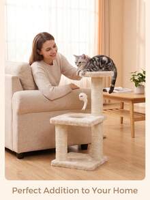 16 Inch Indoor Cat Activity Tree, Modern Cat Condo With Scratching Post, Plush Platforms And Realistic Mouse Toy, Beige - White - View 3
