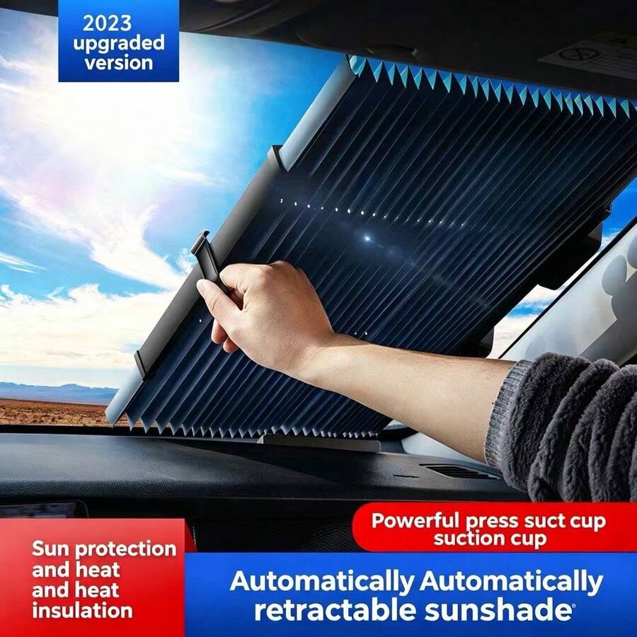 Retractable Car Windshield Sun Shade - Easy One-Handed Installation, Strong Suction Cups, UV Protection & Heat Insulation, Portable Folding Sunshade For Summer, Keeps Car Interior Cool & Protects Interior - A - View 1