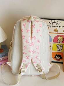 Women's 3-Piece Backpack Set, Pink Bow Print, Nylon Fabric, Multi-Pocket Design, Casual Style, Suitable For School, Travel And Daily Use - Multicolor - View 6