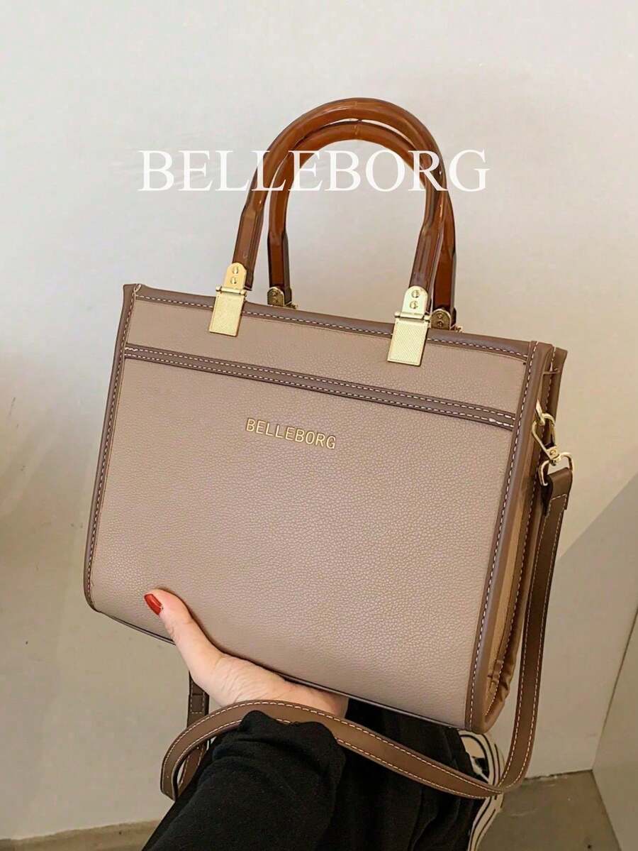 BELLEBORG 1件荔枝紋休閒女款手提斜跨包，拉鍊開合，適合日常通勤、休閒、購物、聚會 - 卡其色 - 查看 1