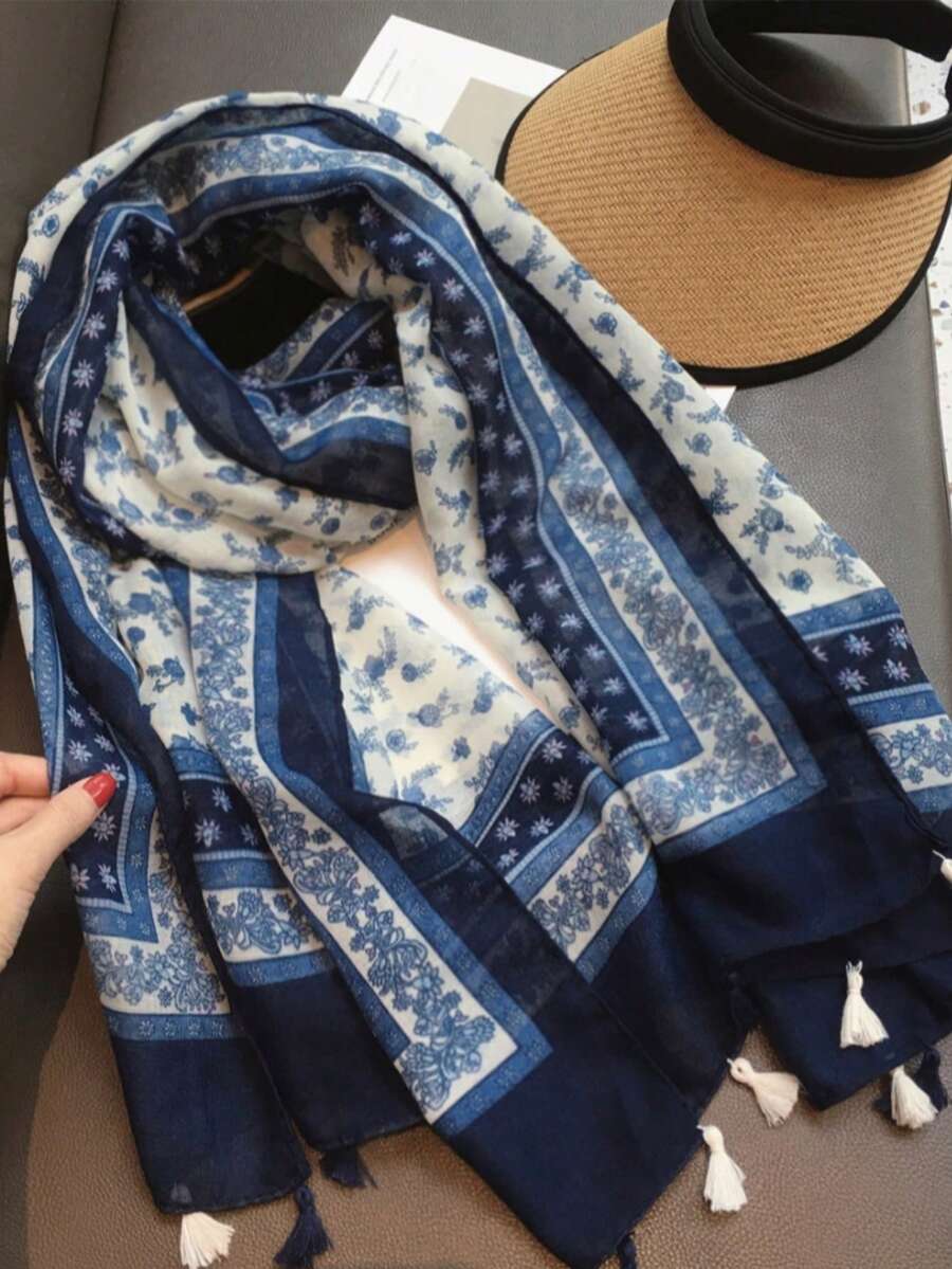 1件新款甜美心形流蘇女款圍巾,春夏季薄款防曬旅行沙灘披肩,適用於空調房 - 藏蓝色 - 查看 1